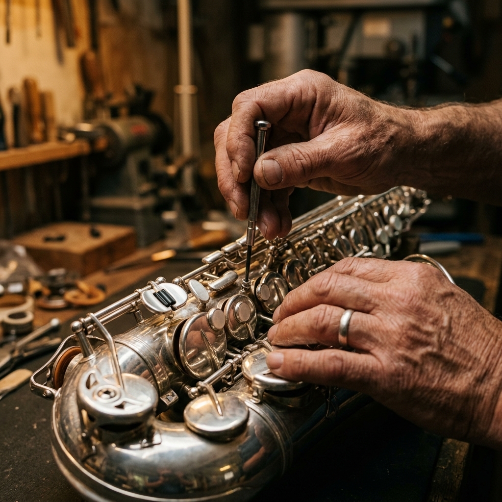 Craftsman adjusting saxophone keys